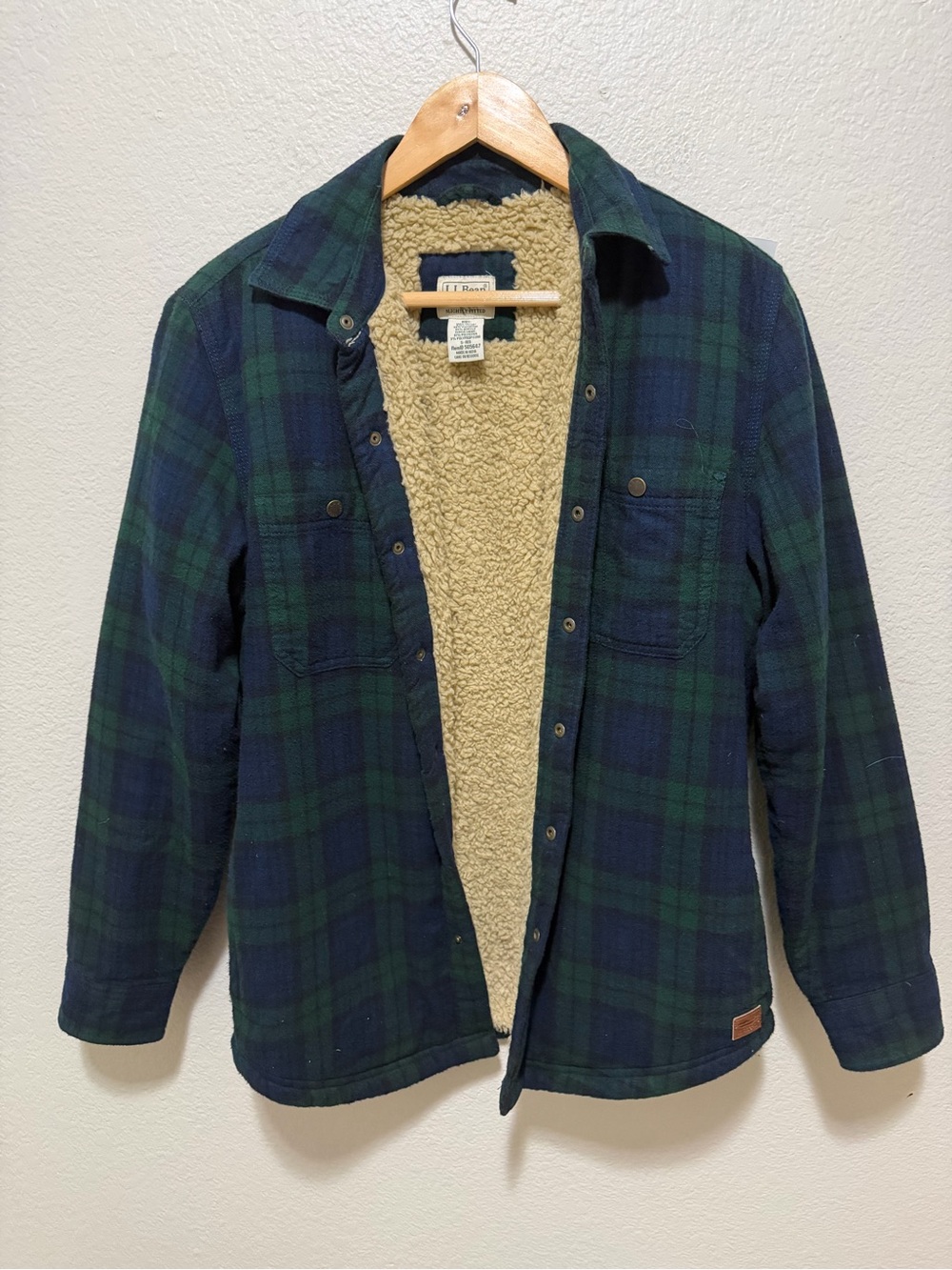 L.L.Bean Fleece Lined Flannel Shirt Men’s Small Navy Green Plaid